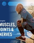 Man with pain points and graphic saying: Targets muscles, joints and nerves.