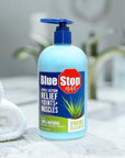 blue stop max 16oz pump bottle with front label