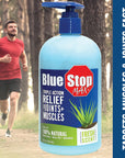 a man running wearing headset with Blue Stop max pump bottle