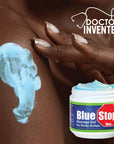 applying Blue Stop Max massage gel with text saying DOCTOR INVENTED