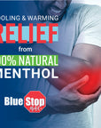 A Man suffering form joint pain with text COOLING & WARMING RELIEF FROM 100% NATURAL MENTHOL BLUE STOP MAX