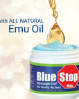 Blue Stop max massage gel with text saying WITH ALL NATURAL EMU OIL