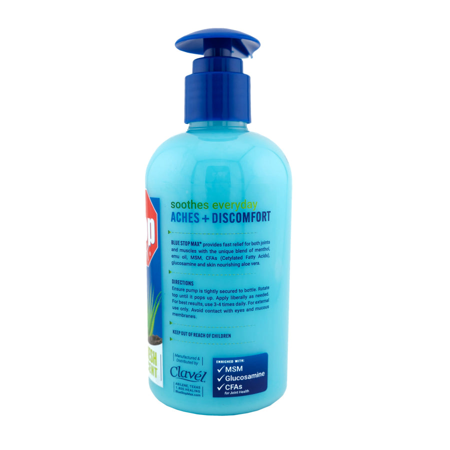  Blue Stop Max 8 ounce side of label with directions: ensure pump is tightly secured to bottle. Rotate top until it pops up. Apply liberally as needed. For best results, use 3-4 times daily. For external use only. Avoid contact with eyes and mucous membranes. Keep out of reach of children.