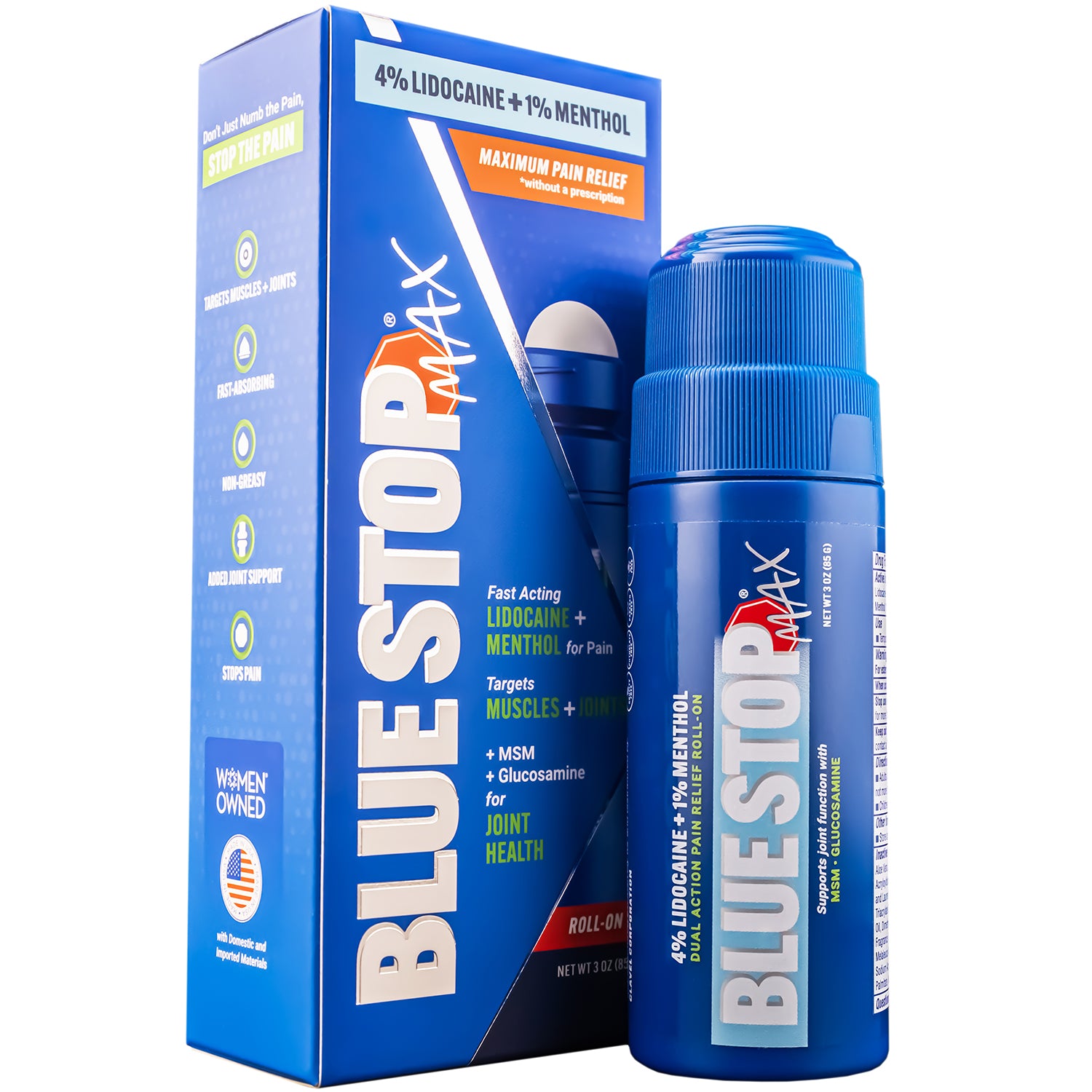 A roll-on applicator of Lidocaine Blue Stop Max with a box