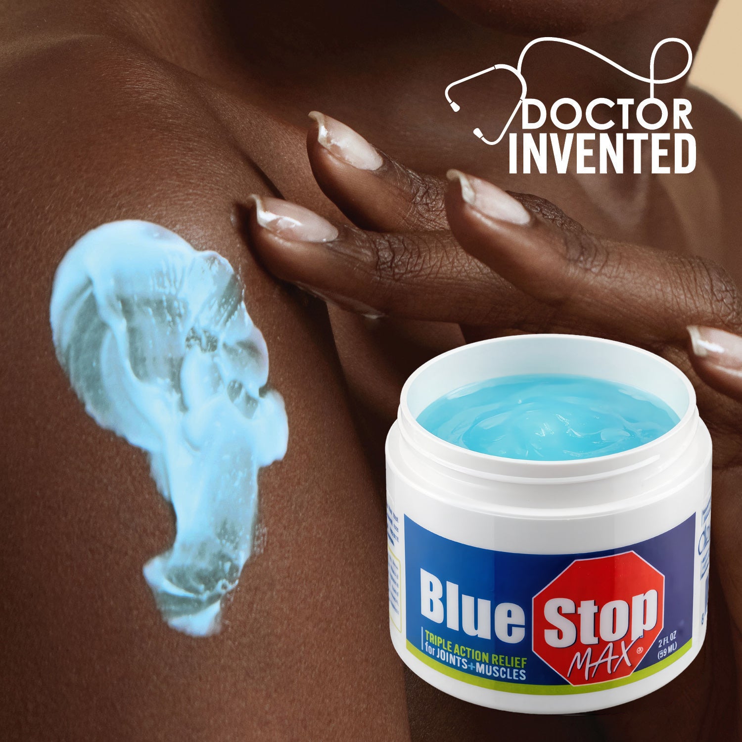 A model applying Blue Stop Max gel