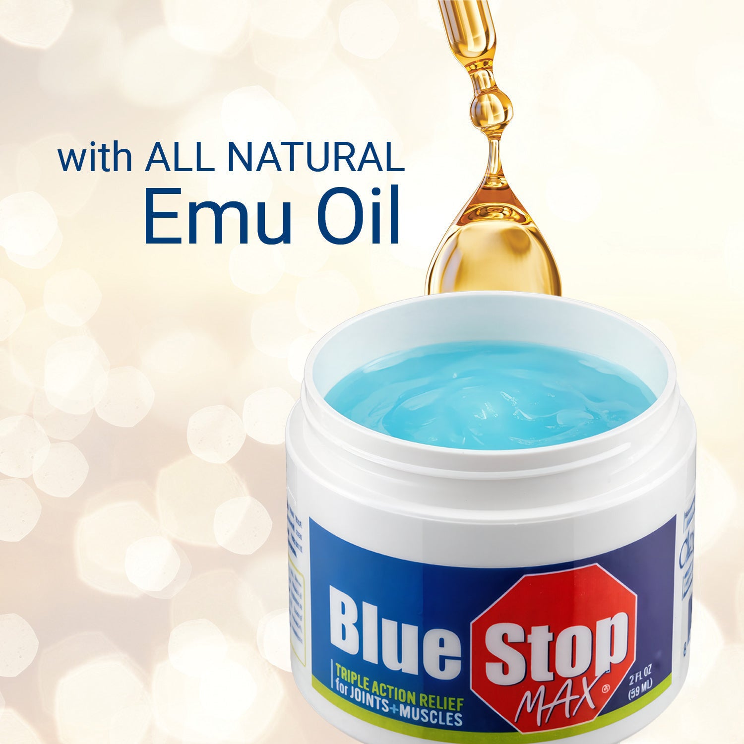 A drop of oil with a jar of Blue Stop Max