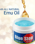 A drop of oil with a jar of Blue Stop Max