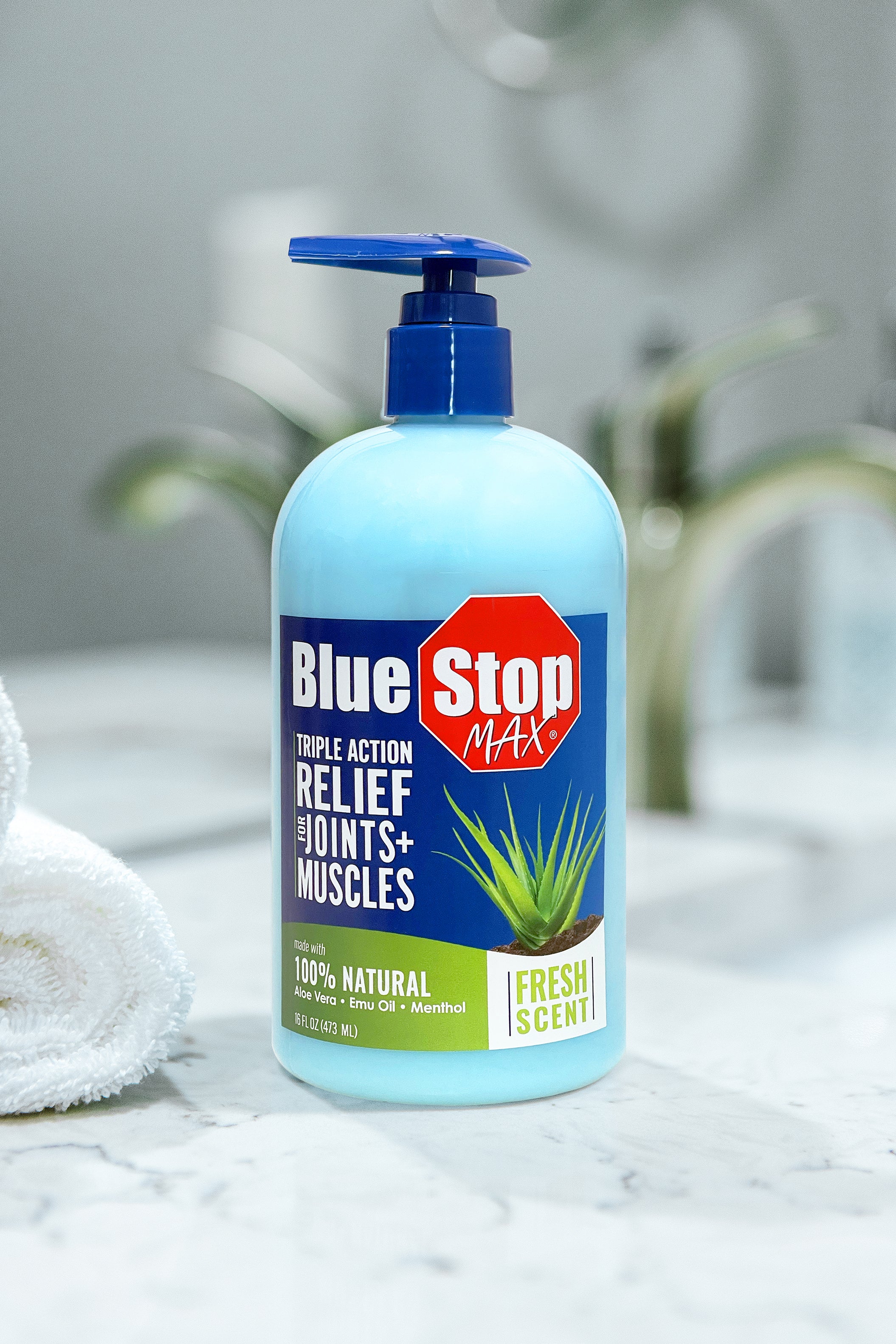 blue stop max 16oz pump bottle with front label