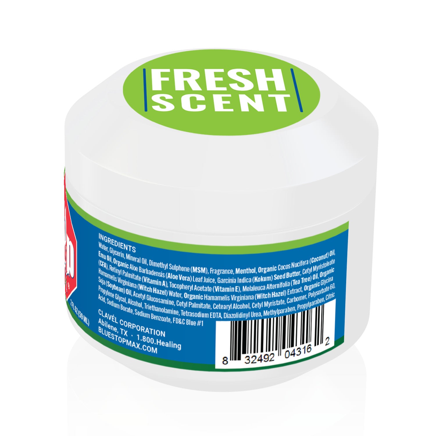Blue Stop max bottle 2oz2 with fresh scent text  and detailed ingredients