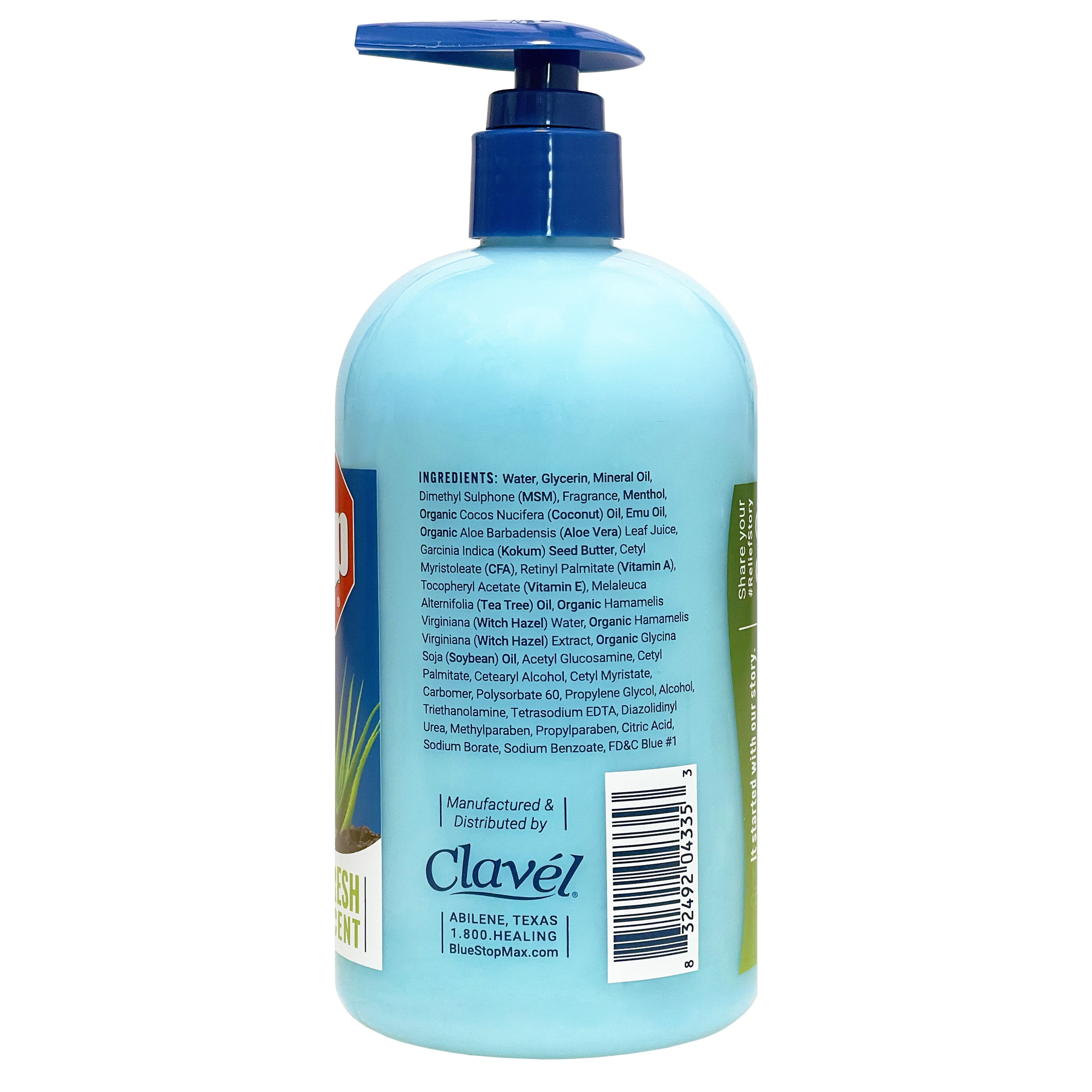 Blue Stop max pump bottle and back product label 