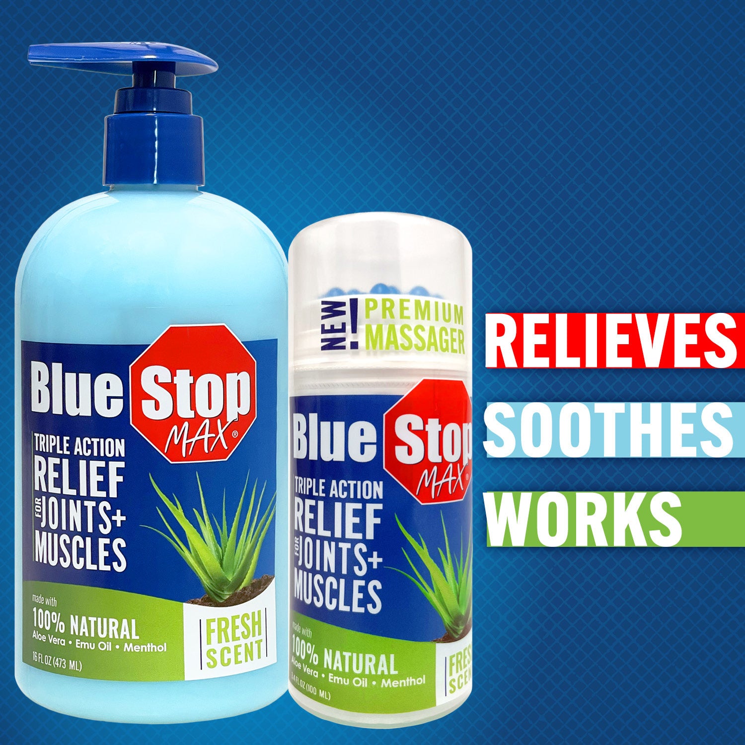 Blue Stop max products with text RELIEVES SOOTHES WORKS 