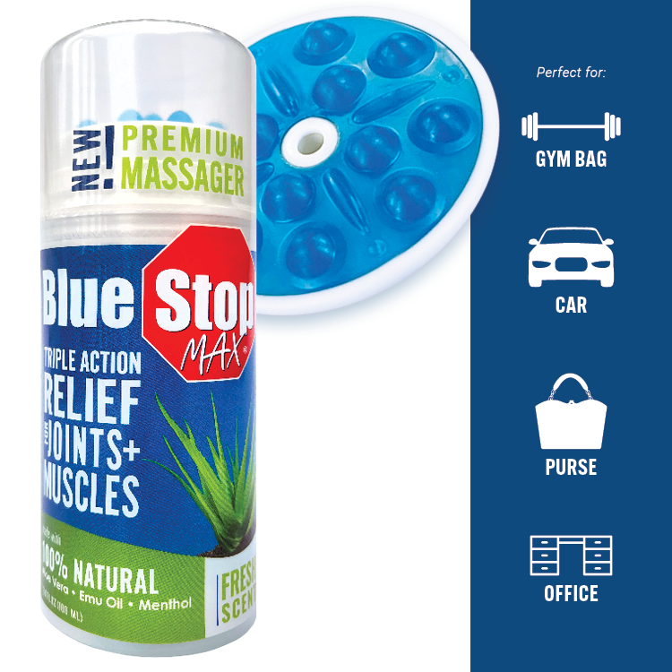 Blue Stop max bottle with NEW PREMIUM MASSAGER LOGO 