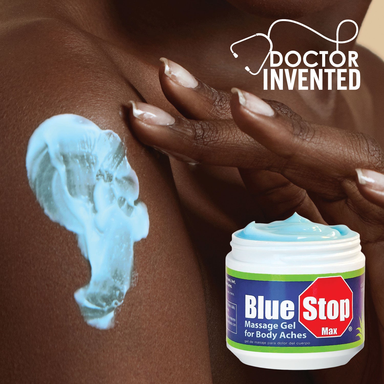 applying Blue Stop Max massage gel with text saying DOCTOR INVENTED