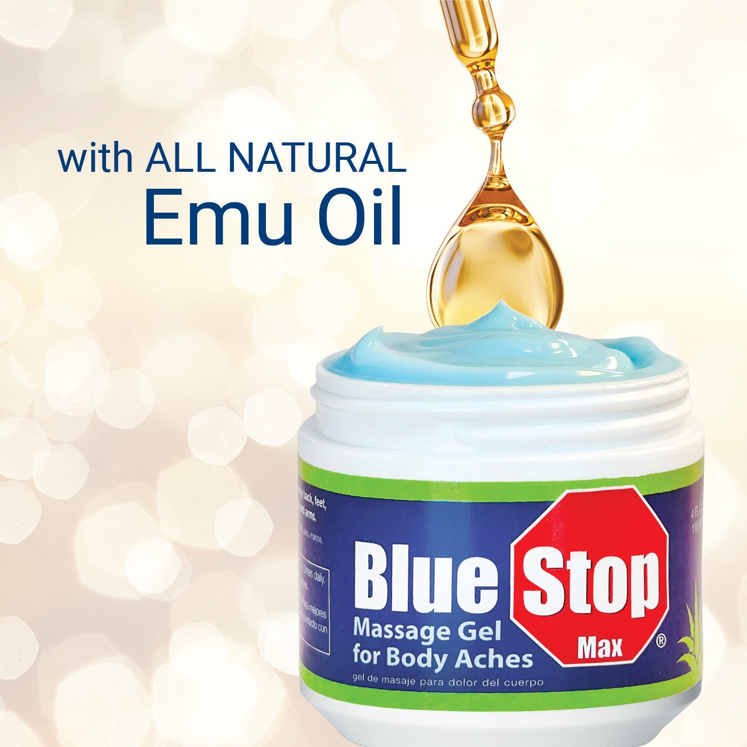 Blue Stop max massage gel with text saying WITH ALL NATURAL EMU OIL 